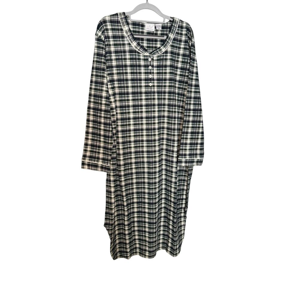 Soft Sensations flannel nightgown black white‎ and green checkered plaid